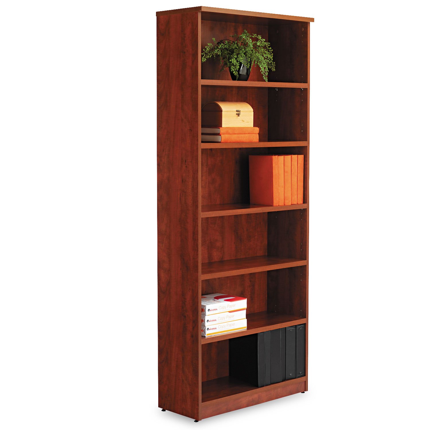 Home Office With Library - Six-Shelf Wooden Bookcase 31.75x14x80.25in Medium Cherry