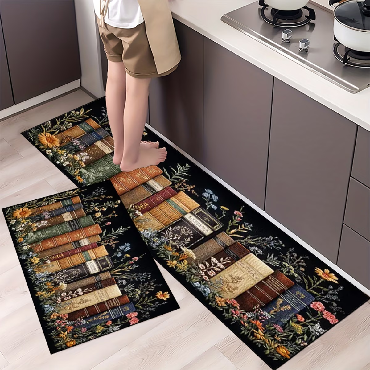 Home Office With Library - Vintage Library Bookself Kitchen Runner Rug