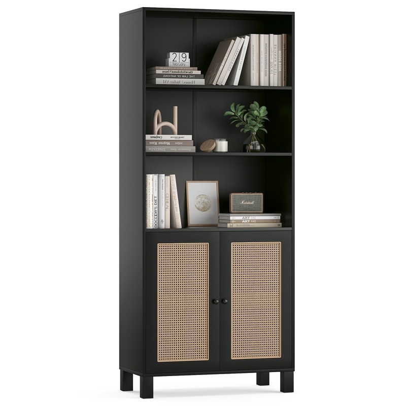 Black 5-Tier Wood Bookcase wit - مراجعة Home Office With Library وسعره
